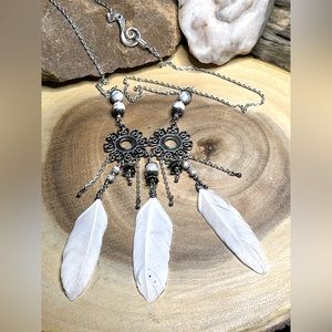 Silver double floral pendant necklace/Howlite gem stone beads/white feathers